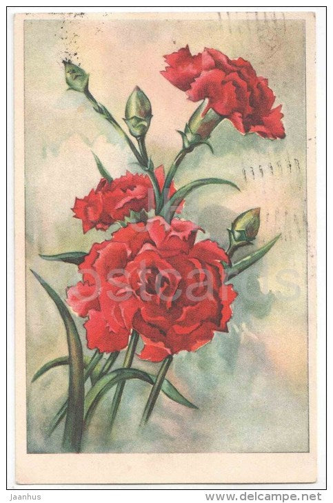 Greeting Card - red carnation - flowers - circulated in Estonia Tallinn 1936 - JH Postcards