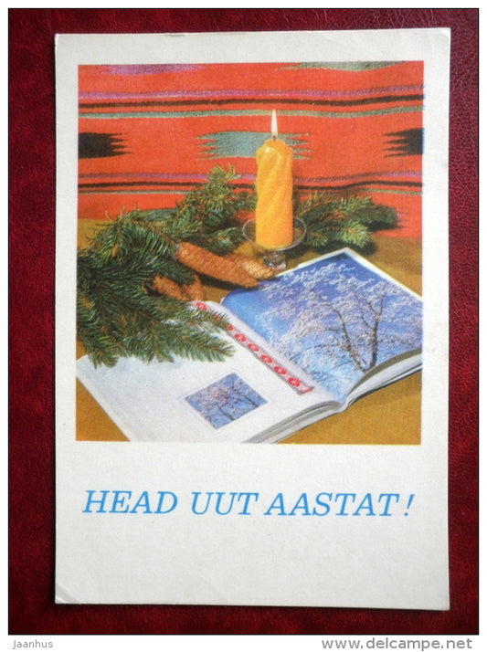 New Year Greeting card - cones - candle - book - 1974 - Estonia USSR - used - JH Postcards