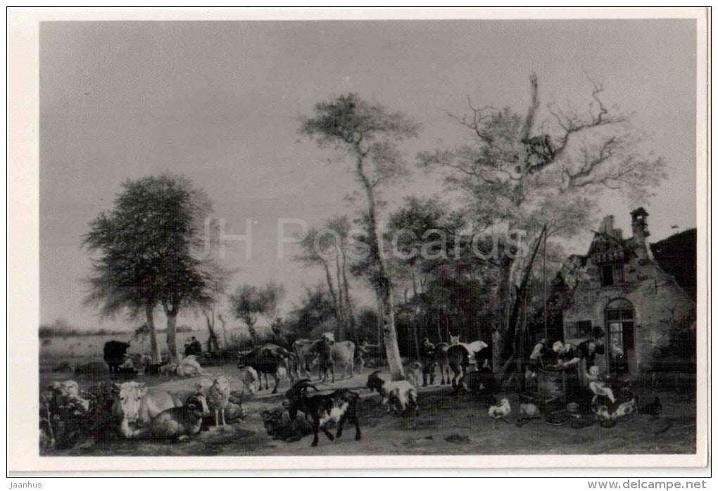 painting by Paulus Potter - The Farm - goat - cow - well - dutch art - unused - JH Postcards