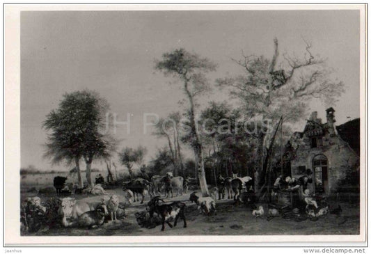 painting by Paulus Potter - The Farm - goat - cow - well - dutch art - unused - JH Postcards