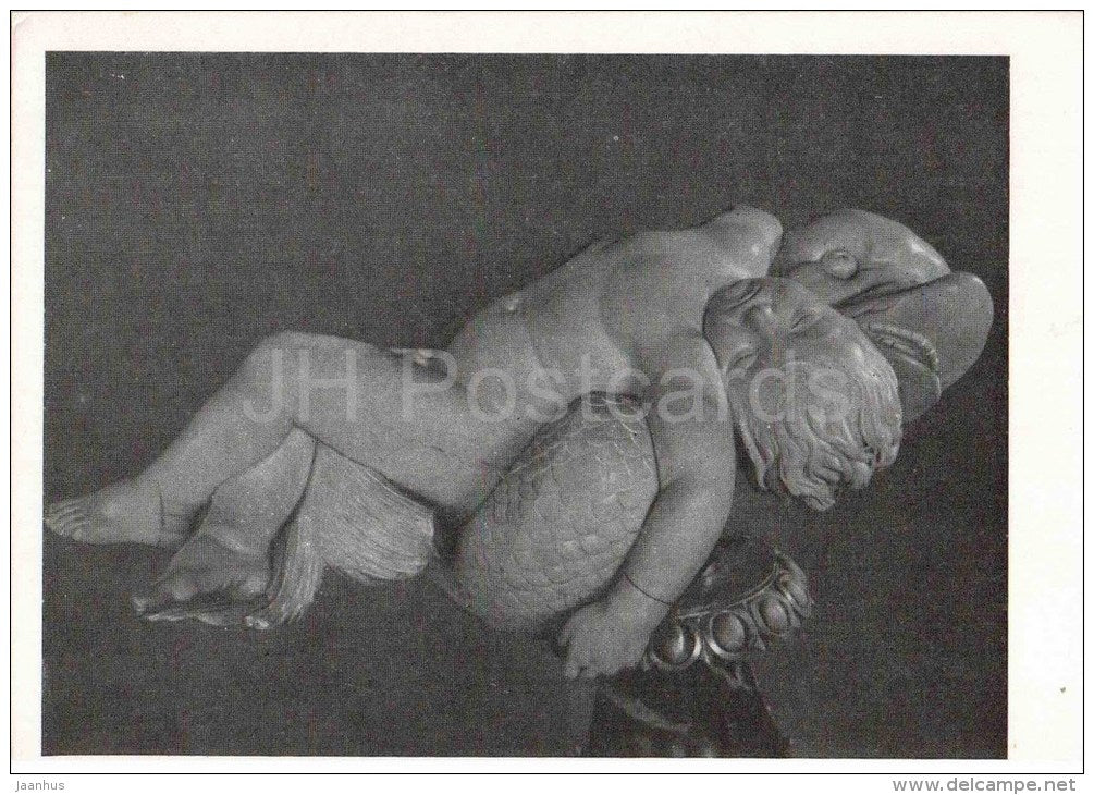 sculpture by Lorenzo Lorenzetti - Dead Boy on a Dolphin - italian art - unused - JH Postcards