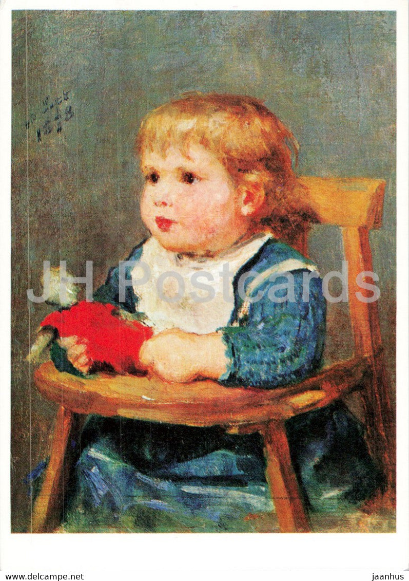 painting by Albert Anker - Madchen mit Kinderstuhlchen - girl - Swiss art - Switzerland - unused - JH Postcards