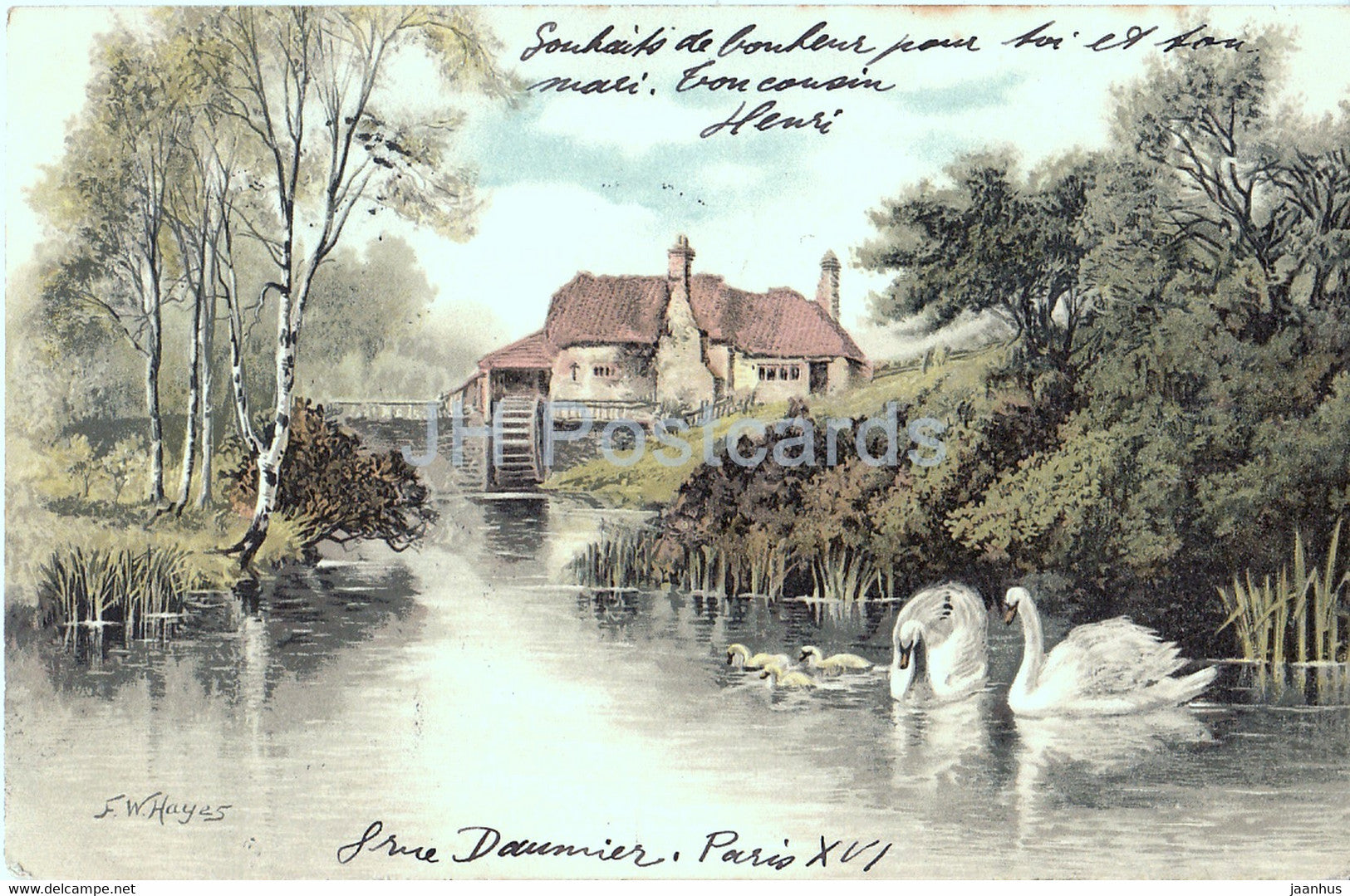 watermill - swan - illustration by F W Hayes - Serie 1189 - old postcard - 1904 - Germany - used - JH Postcards