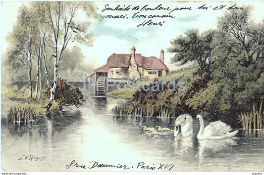 watermill - swan - illustration by F W Hayes - Serie 1189 - old postcard - 1904 - Germany - used - JH Postcards