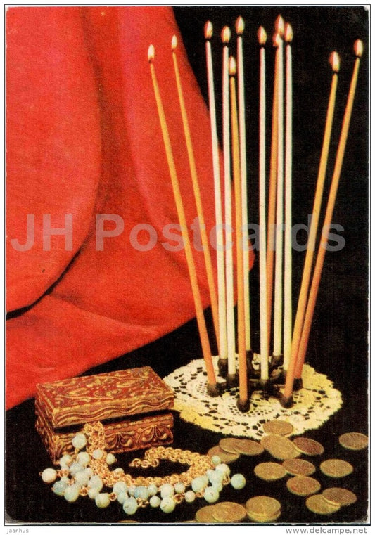 New Year greeting Card - candles - coins - decorations - 1969 - Estonia USSR - used - JH Postcards