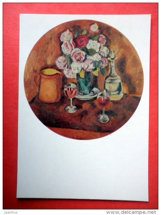 painting by Ilya Mashkov - Still Life . Roses - wine - russian art - unused - JH Postcards