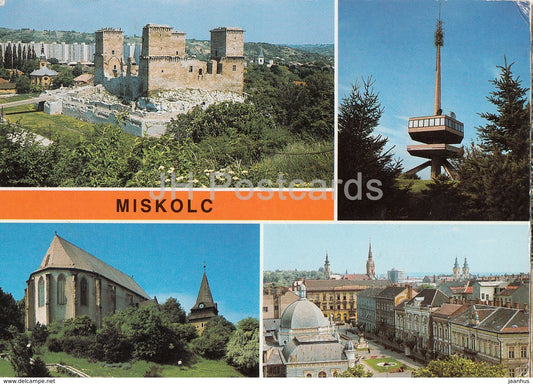 Miskolc - castle ruins - TV tower - church - square - multiview - 1980s - Hungary - used - JH Postcards