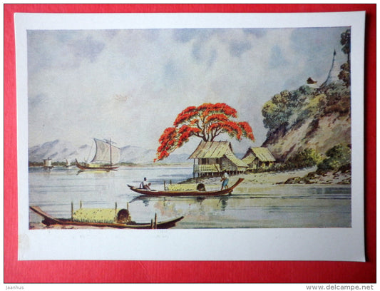 painting by Ba San - Lake Inle , 1950s - sailing boat - Birma - burmese art - unused - JH Postcards