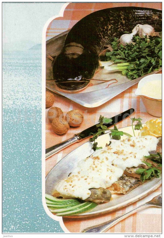 fish in the nut sauce - catfish - walnut - Fish Dishes - cuisine - 1990 - Russia USSR - unused - JH Postcards