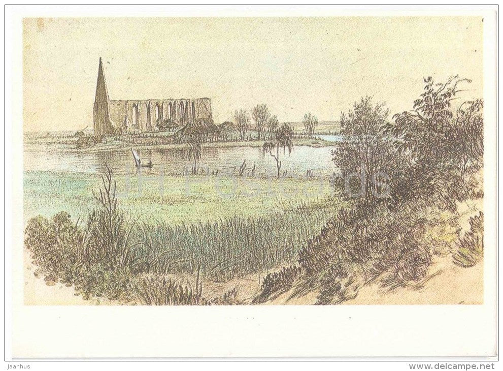 drawing by C. Buddeus , Ruins of the Bridgetine Convent , Pirita - Old Views of Tallinn - 1984 - Estonia USSR - unused - JH Postcards