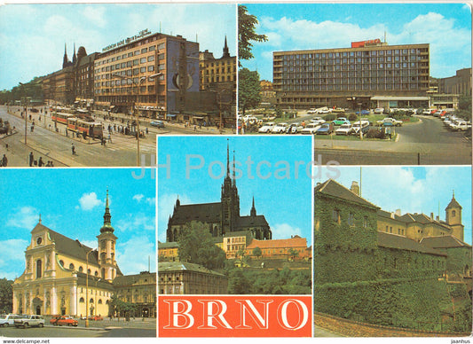 Brno - square - hotel International - church - Petrov - Spilberk - tram - Czechoslovakia - Czech Republic - unused - JH Postcards