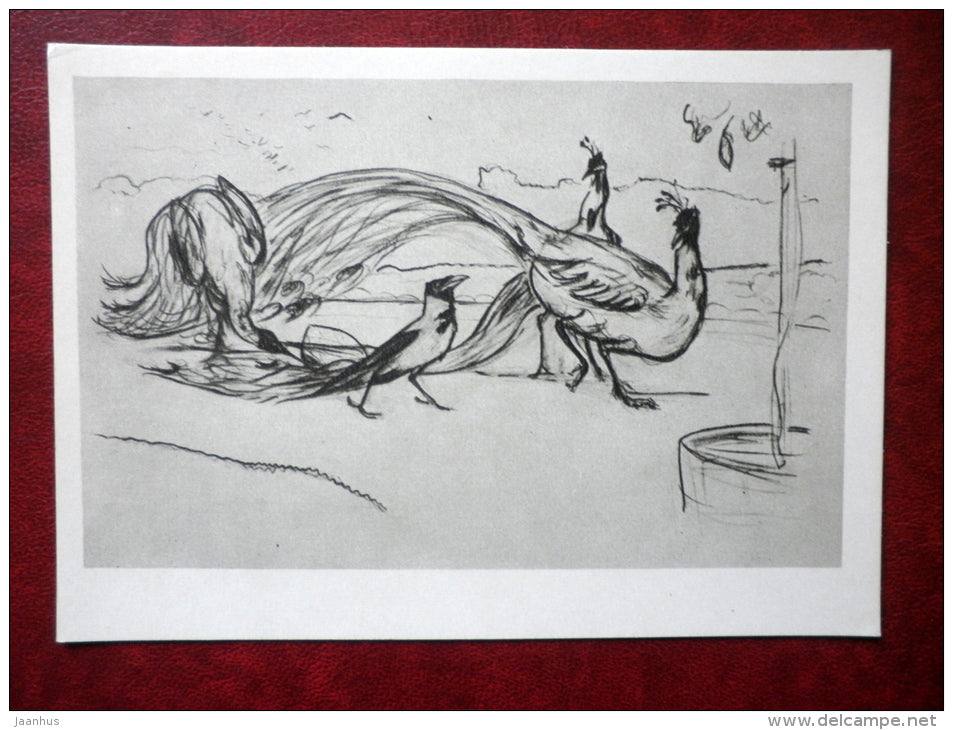 drawing by V. Serov - crow in borrowed plumes - illustration of the fable Serov - russian art - unused - JH Postcards