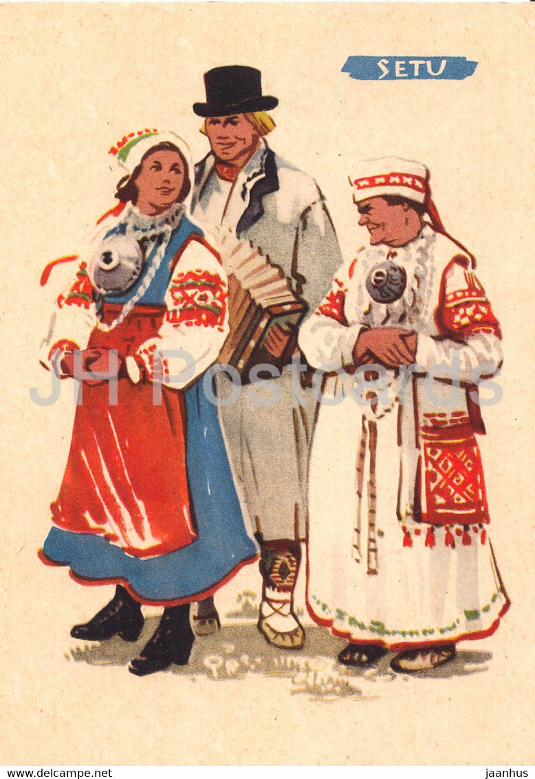 Estonian Folk Costumes - Setu - illustration by A. Vender - 1960 - Estonia USSR - unused - JH Postcards