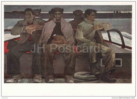 painting by T. Salahov - Repairers , 1960 - boat - azerbaijan art - unused - JH Postcards