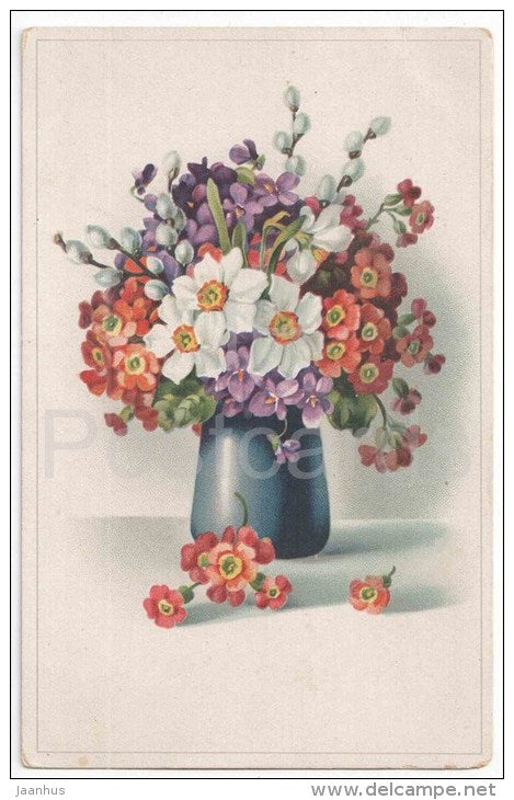 Greeting Card - Narcissus - catkins - flowers - Ser 2057 - circulated in Estonia 1923 - JH Postcards