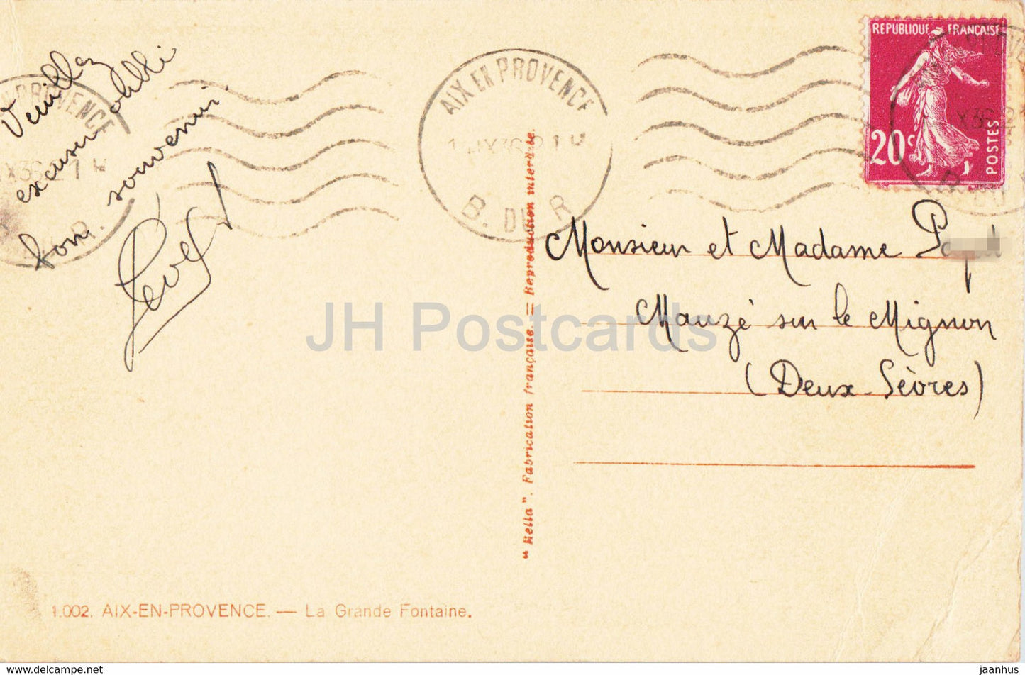 Aix En Provence - La Grande Fontaine - old postcard - 1938 - France - used