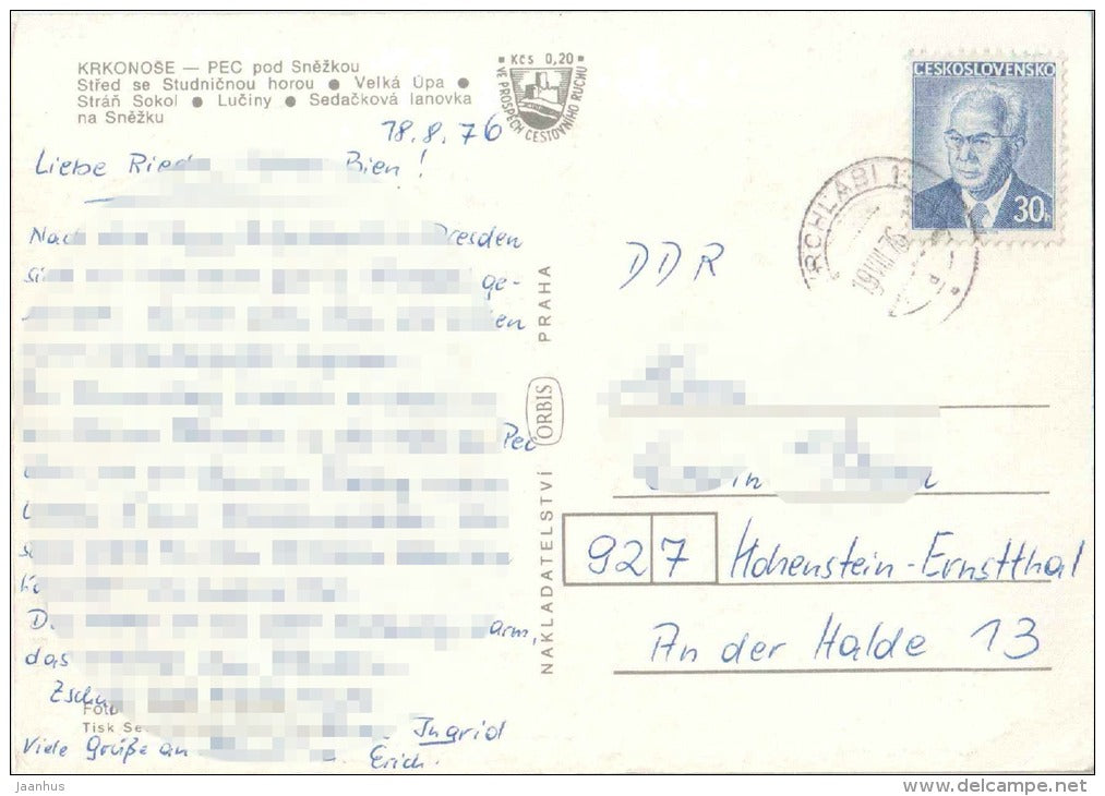 Pec pod Snezkou - center - Stran Sokol - Luciny - Velka Upa - cableway - Krkonose - Czechoslovakia - Czech - used 1976 - JH Postcards