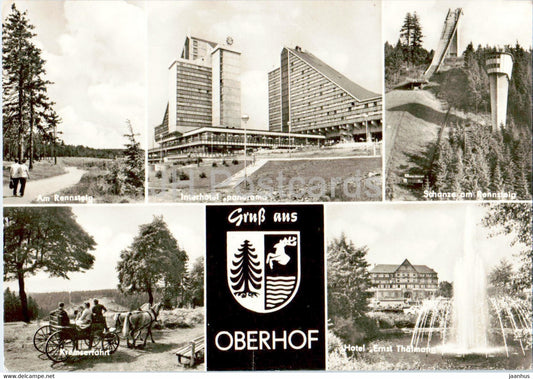 Gruss aus Oberhof - Interhotel Panorama - Schanze am Rennsteig - Kremsefahrt - old postcard - 1973 - Germany DDR - used - JH Postcards