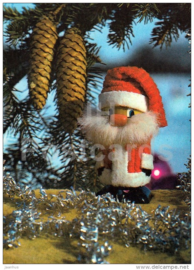 New Year Greeting Card by - Santa Claus doll - decorations - 1987 - Estonia USSR - used - JH Postcards