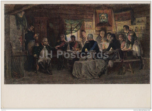 painting  by A. Kivshenko - Military council in Fili in 1812 , 1882 - Russian art - 1952 - Russia USSR - unused - JH Postcards