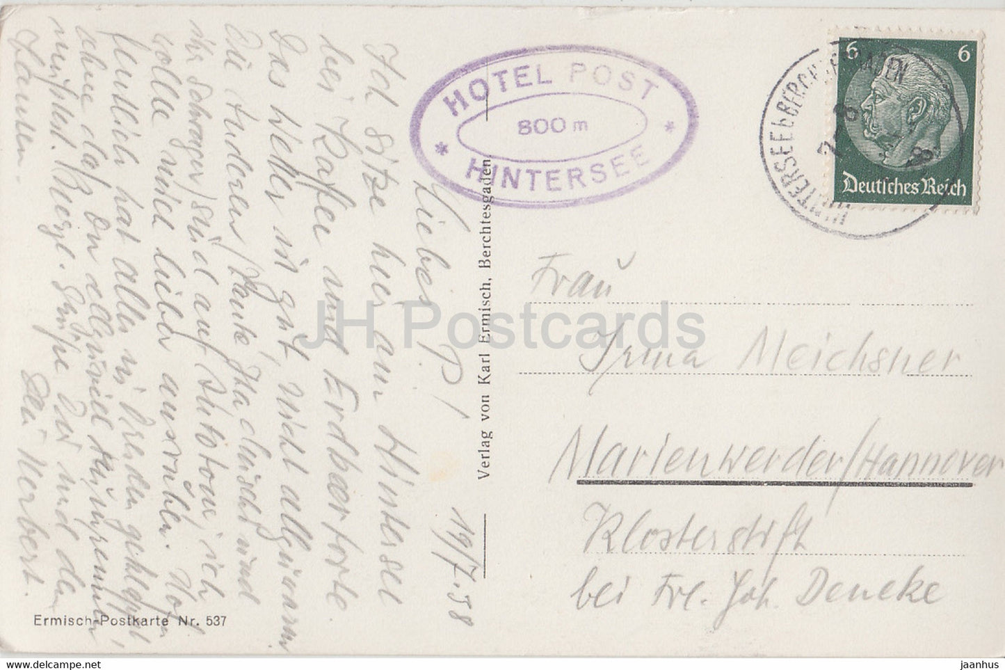 Der Hintersee mit Reiteralpe - 537 - alte Postkarte - 1938 - Deutschland - gebraucht