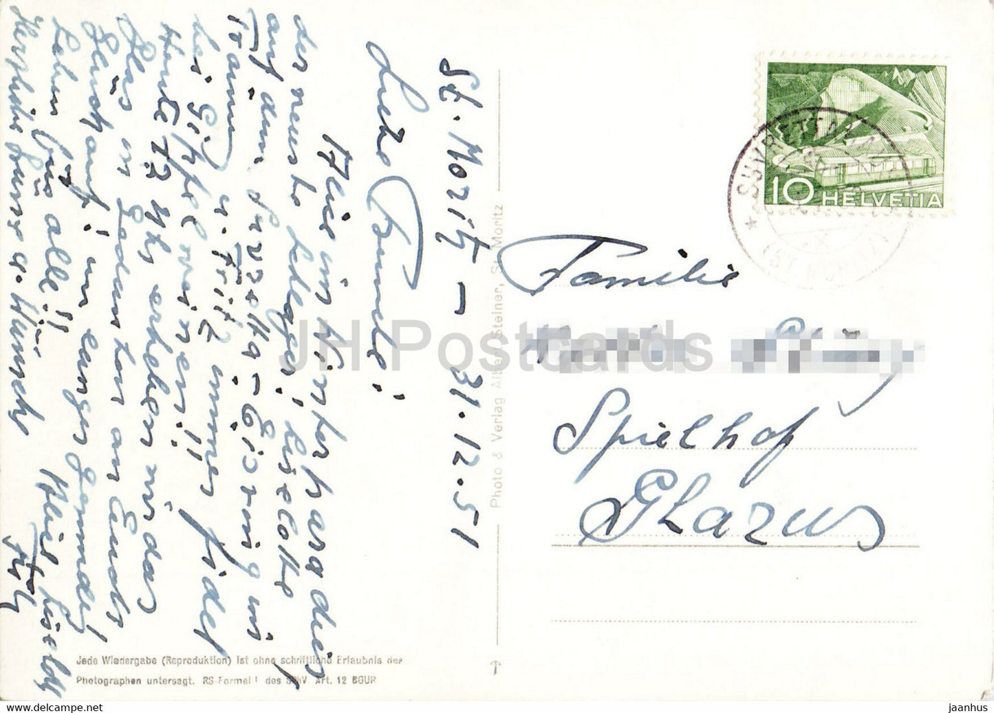St Moritz - Oberalpina - 5835 - 1951 - old postcard - Switzerland - used