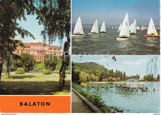Greetings from the lake Balaton - beach - sailing boat - multiview - 1979 - Hungary - used - JH Postcards