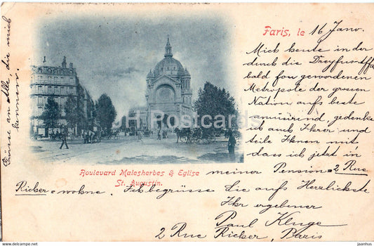 Paris - Boulevard Malesherbes & Eglise St Augustin - church - old postcard - 1898 - France - used - JH Postcards