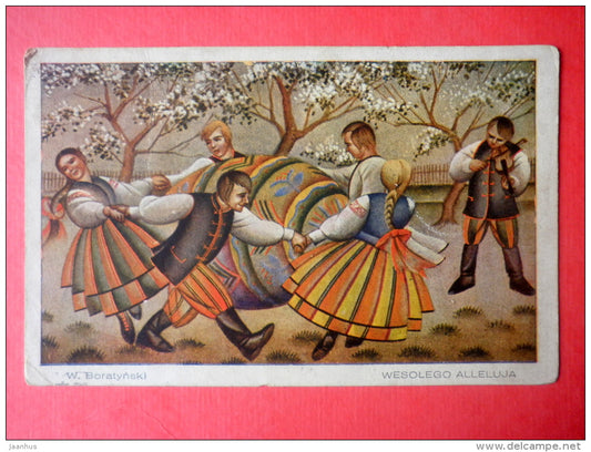 illustration by W. Boratynski . Weolego Alleluja - dance - folk costumes - Polonia - 964 - circulated in Poland Warszawa - JH Postcards