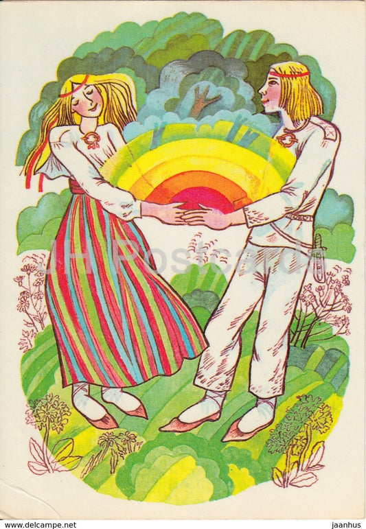 illustration by I. Raudsepp - Dawn and Dusk - folk costumes - Estonian Fairy Tales - 1979 - Estonia USSR - unused - JH Postcards