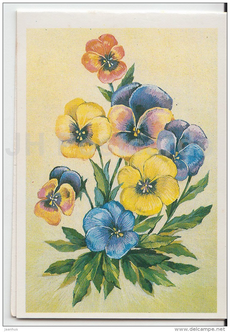 mini birthday greeting card by N. Turtanova - flowers - 1989 - Russia USSR - unused - JH Postcards