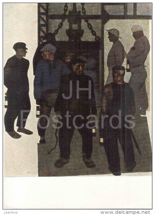 painting by A. Deyneka - Before Going Down the Mine , 1925 - miners - russian art - unused - JH Postcards