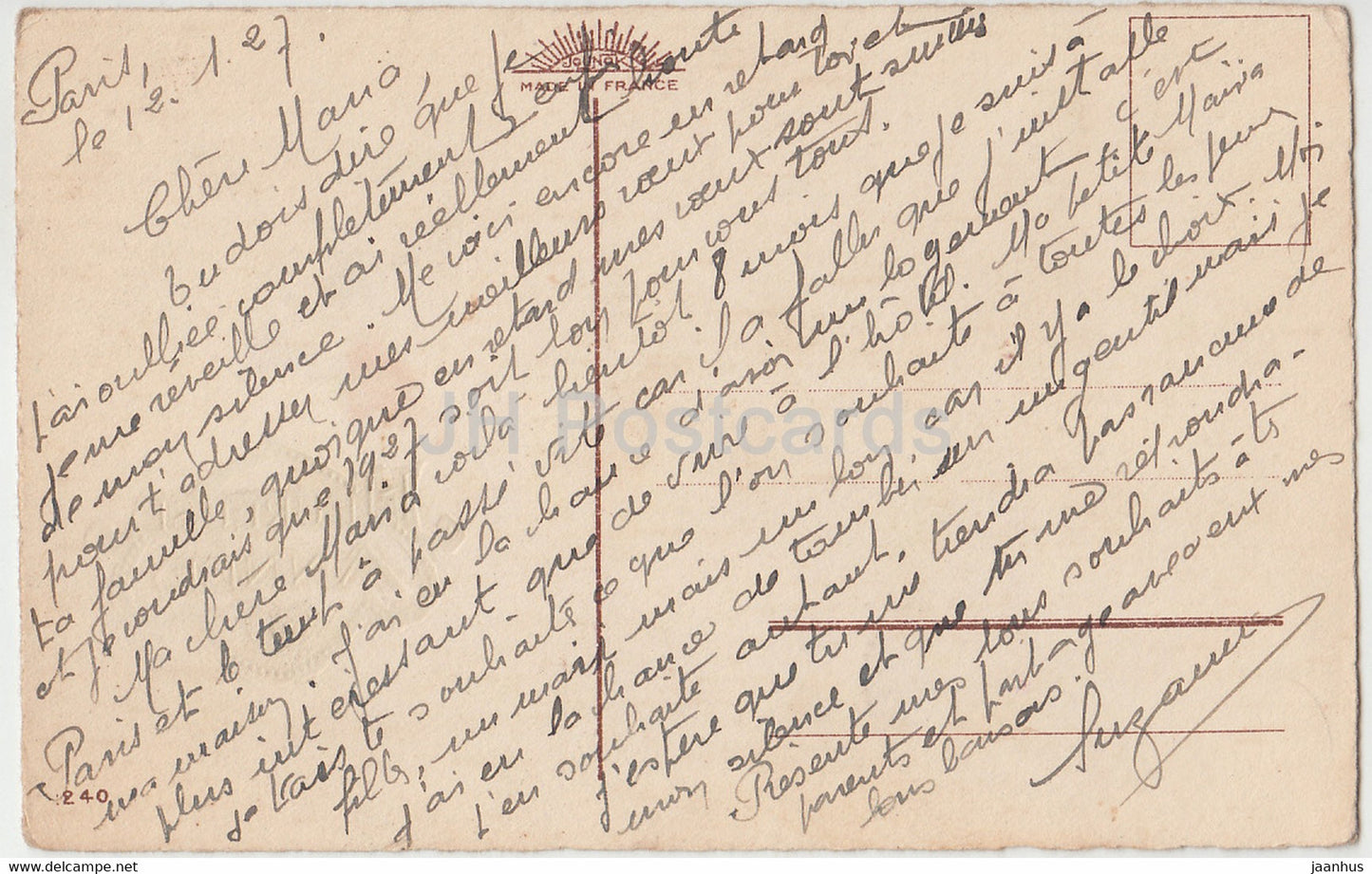 Geburtstagsgrußkarte – Heureuse Annee – Blumen – Jounok – 240 – alte Postkarte – 1927 – Frankreich – gebraucht