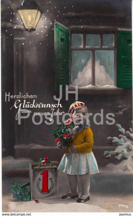New Year Greeting Card - Herzlichen Gluckwunsch zum Neuen Jahr - girl - NPG 772/3 - old postcard - Germany - used - JH Postcards