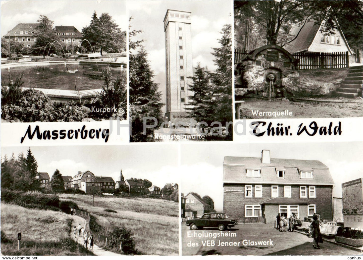 Masserberg - Thur Wald - Kurpark - Rennsteigwarte - Werraquelle - Erholungsheim Jenaer Glaswerk 1985 Germany DDR - used - JH Postcards