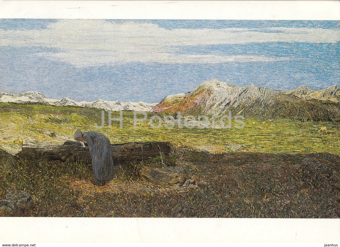 painting by Giovanni Segantini - Alpenlandschaft mit Frau am Brunnen - Italian art - 1992 - Switzerland - used - JH Postcards