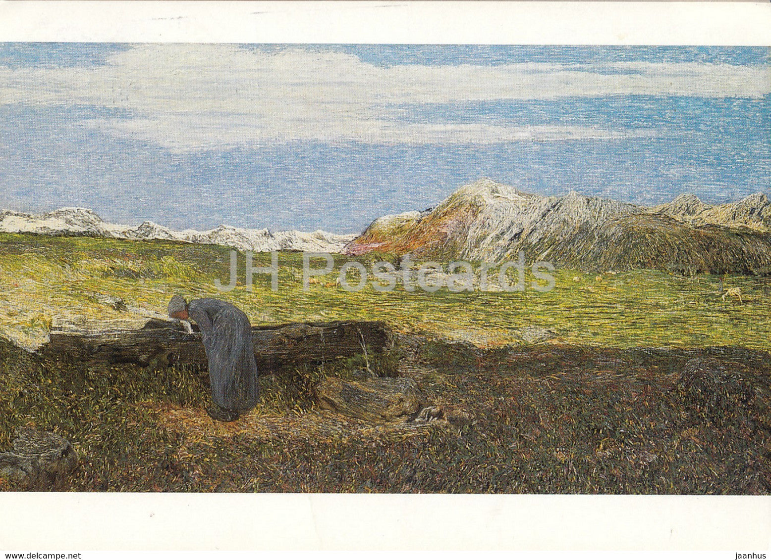 painting by Giovanni Segantini - Alpenlandschaft mit Frau am Brunnen - Italian art - 1992 - Switzerland - used - JH Postcards