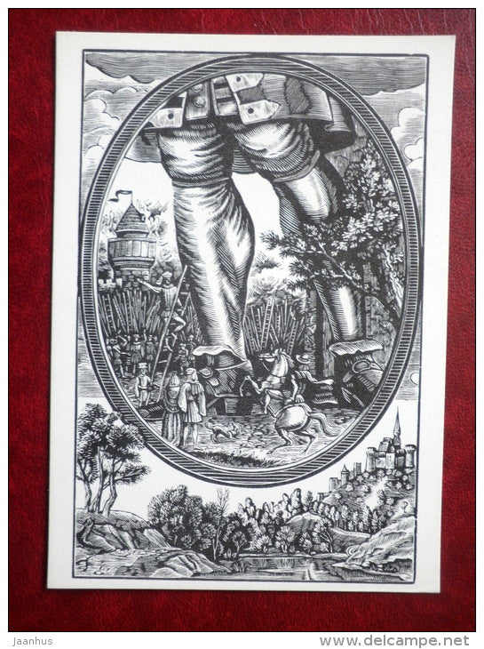 exploring - Gulliver's Travels by Jonathan Swift - book - engravings by S. Harlamov - Russia USSR - 1976 - unused - JH Postcards