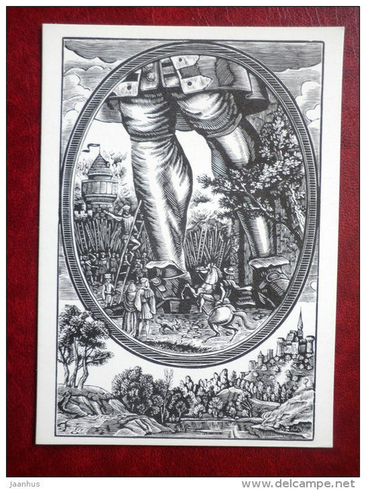 exploring - Gulliver's Travels by Jonathan Swift - book - engravings by S. Harlamov - Russia USSR - 1976 - unused - JH Postcards