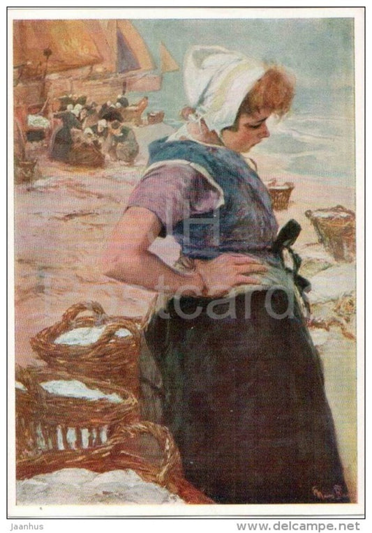 Painting by Hans von Bartels - Fisherwoman - sea - boat - woman - german art - unused - JH Postcards
