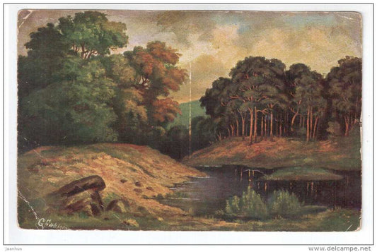 illustration by Fiebiger - trees , lake - 35 557 - old postcard - circulated in Estonia - used - JH Postcards