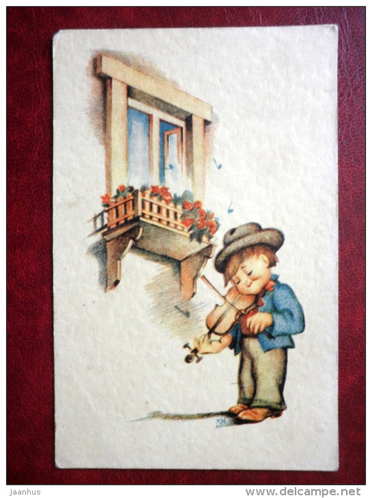 Greeting Card - boy with violin - fiddler - old postcard - Estonia - used - JH Postcards