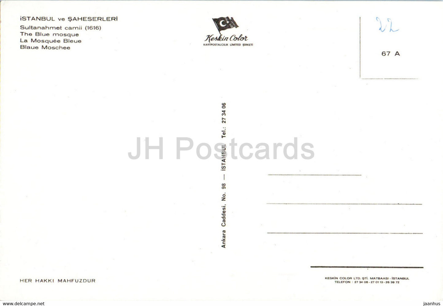 Istanbul - La Mosquée Bleue - 67 - Keskin - Turquie - inutilisé