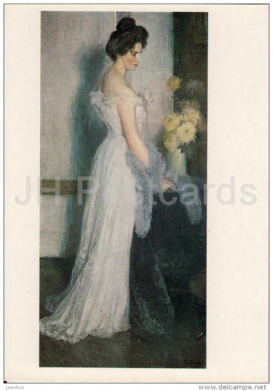 painting by Janis Rozentals - Portrait of Lady in a White , 1902 - Latvian art - Russia USSR - 1985 - unused - JH Postcards