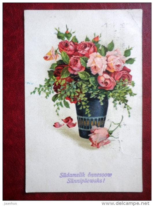 Birthday Greeting Card - rose in a vase - flowers - HWB SER 2282 - circulated in Estonia 1927 , Tallinn - Germany - used - JH Postcards