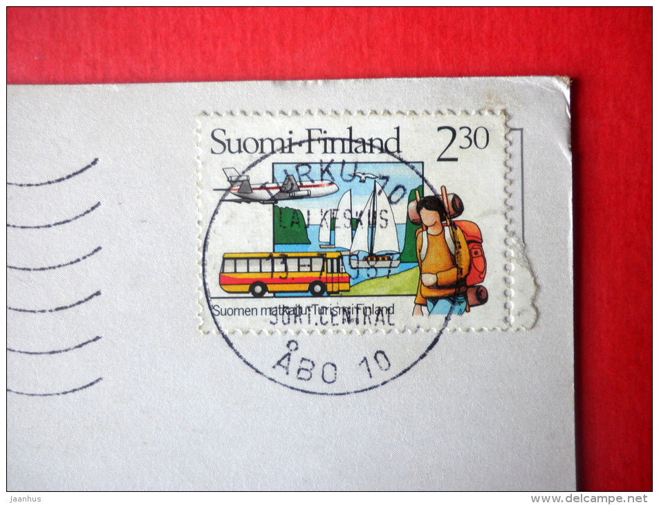 illustration by Jakob - cat - 27-218-10 - transport - Finland - sent from Finland Turku to Estonia USSR 1987 - JH Postcards