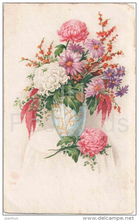 chrysanthemum - flowers - WHB - old postcard - circulated in Estonia - JH Postcards