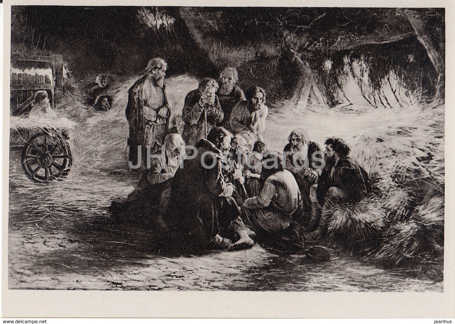 painting by Grigoriy Myasoyedov - reading the manifest in 1861 - peasants - Russian art - 1953 - Germany DDR - unused