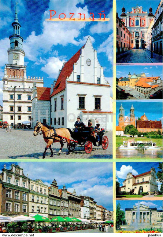 Poznan - Stary Rynek - Old Town Square - Parish Church of St Stanislaus - horse carriage - multiview - Poland - unused - JH Postcards