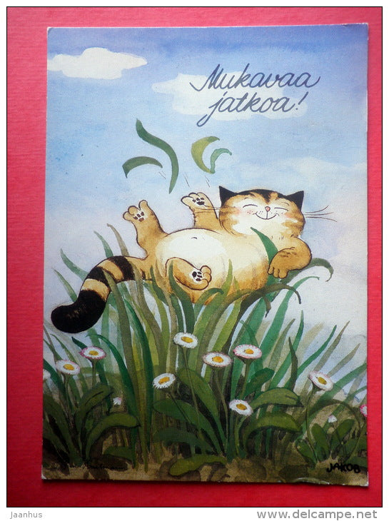 illustration by Jakob - cat - 27-218-10 - transport - Finland - sent from Finland Turku to Estonia USSR 1987 - JH Postcards